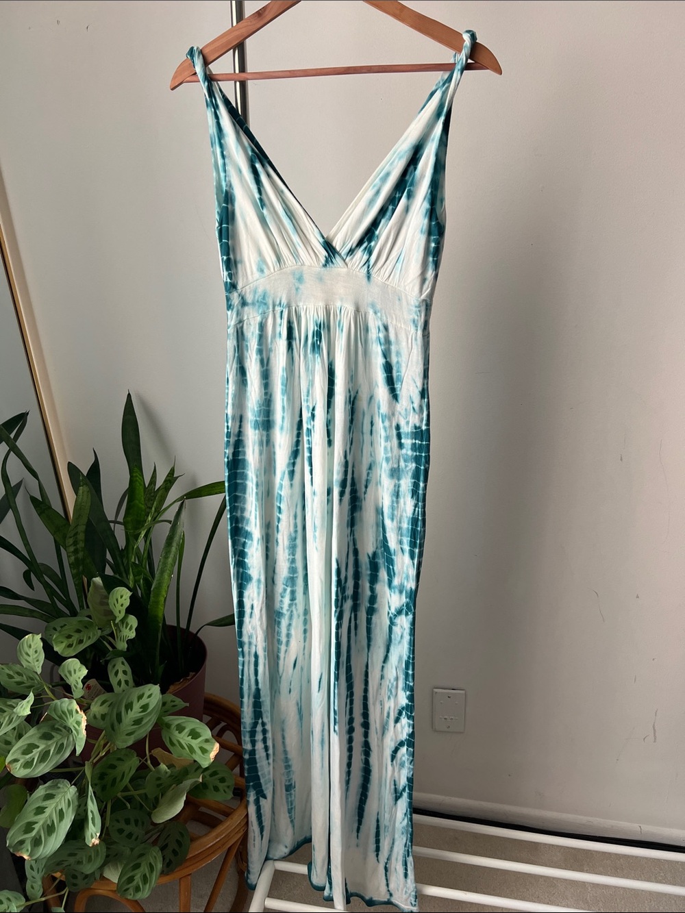 Pink Rose Teal and White Tie-Dye V-Neck Maxi Dress